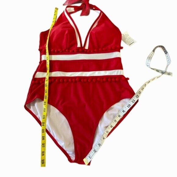 NWT COCOSHIP Plunging Neck One Piece Swimsuit Pom Pom Tassel 16 Red White - Picture 6 of 12